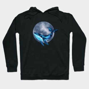 Cute watercolor space blue whale illustration with blue moon bubble Hoodie